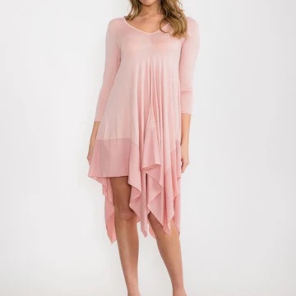 Long Sleeve V Neck Tunic Shark Bite Edging Midi Dress Pink - Picture 2 of 4